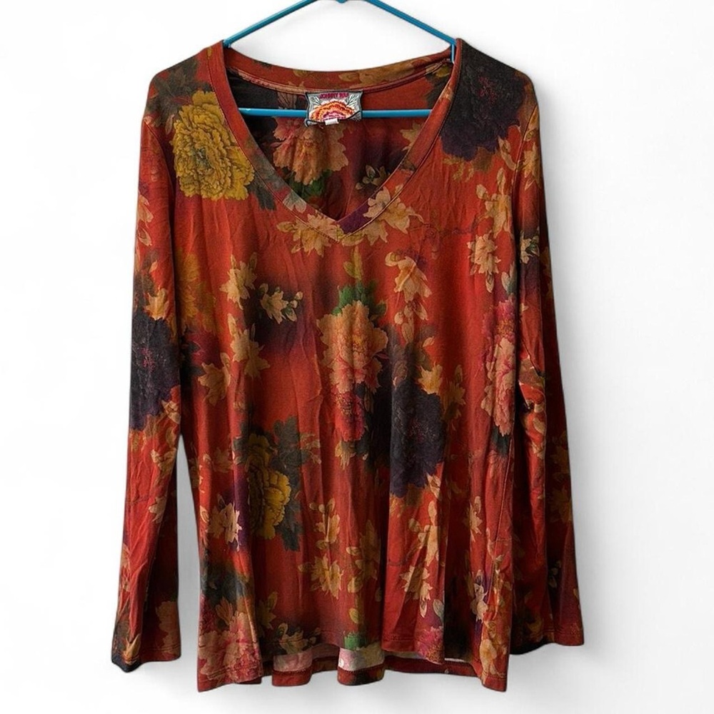 Johnny Was Rust Floral V-Neck Long Sleeve Blouse